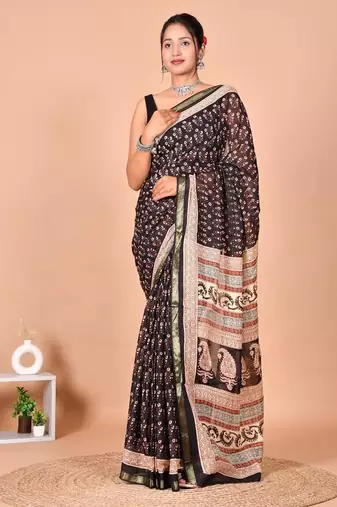Black block print cotton zari sarees with running blouse