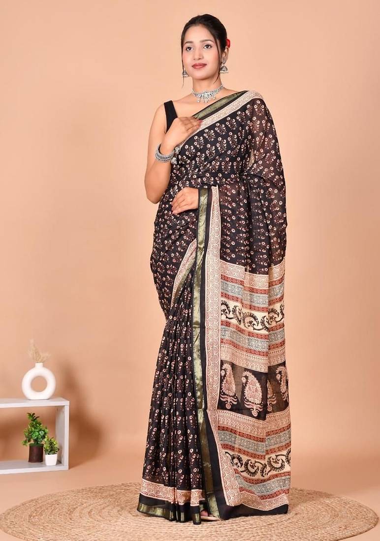 Black block print cotton zari sarees with running blouse
