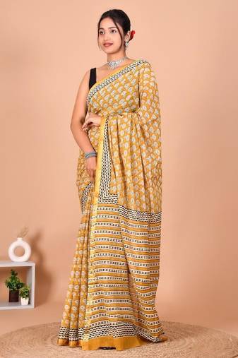 Yellow block print cotton zari sarees with running blouse