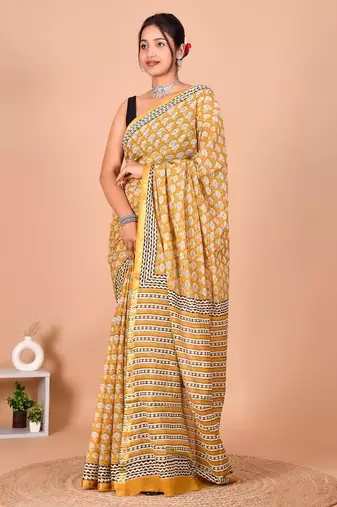 Yellow block print cotton zari sarees with running blouse