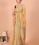 Yellow block print cotton zari sarees with running blouse