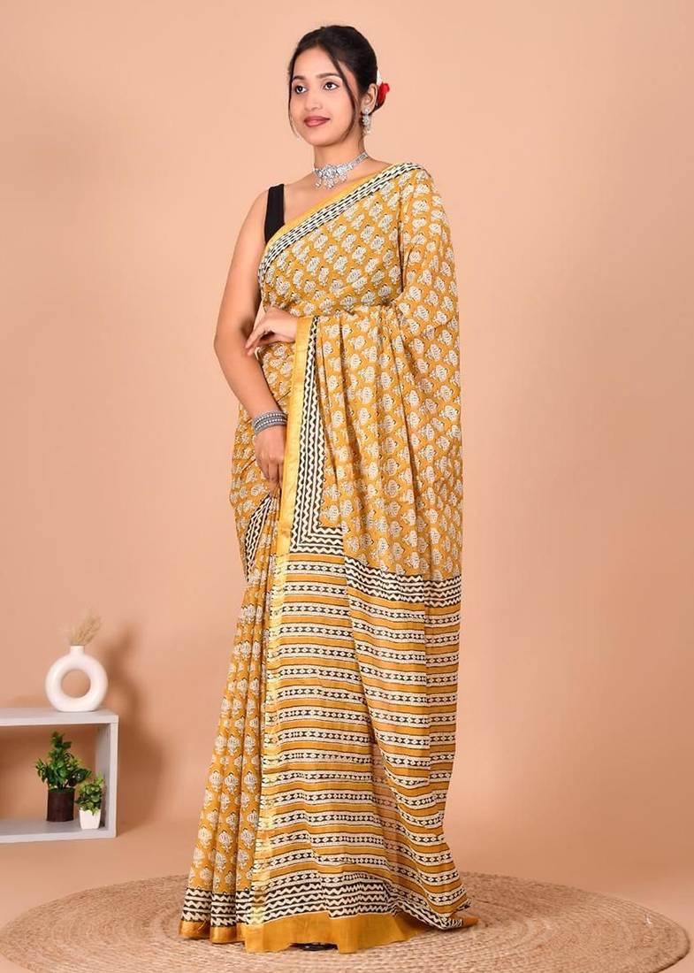 Yellow block print cotton zari sarees with running blouse