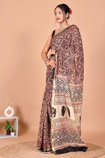 Multicolor block print cotton zari sarees with running blouse