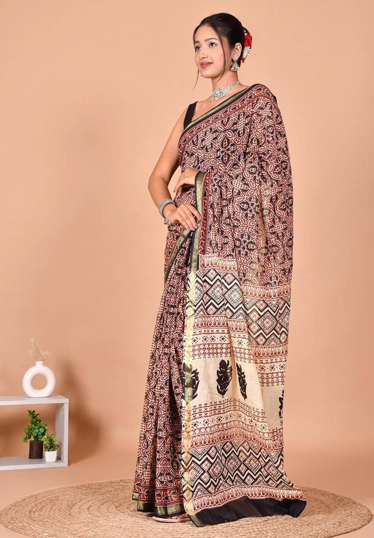 Multicolor block print cotton zari sarees with running blouse