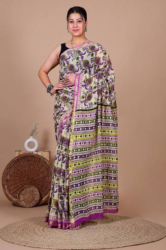 Purple block print cotton zari sarees with running blouse