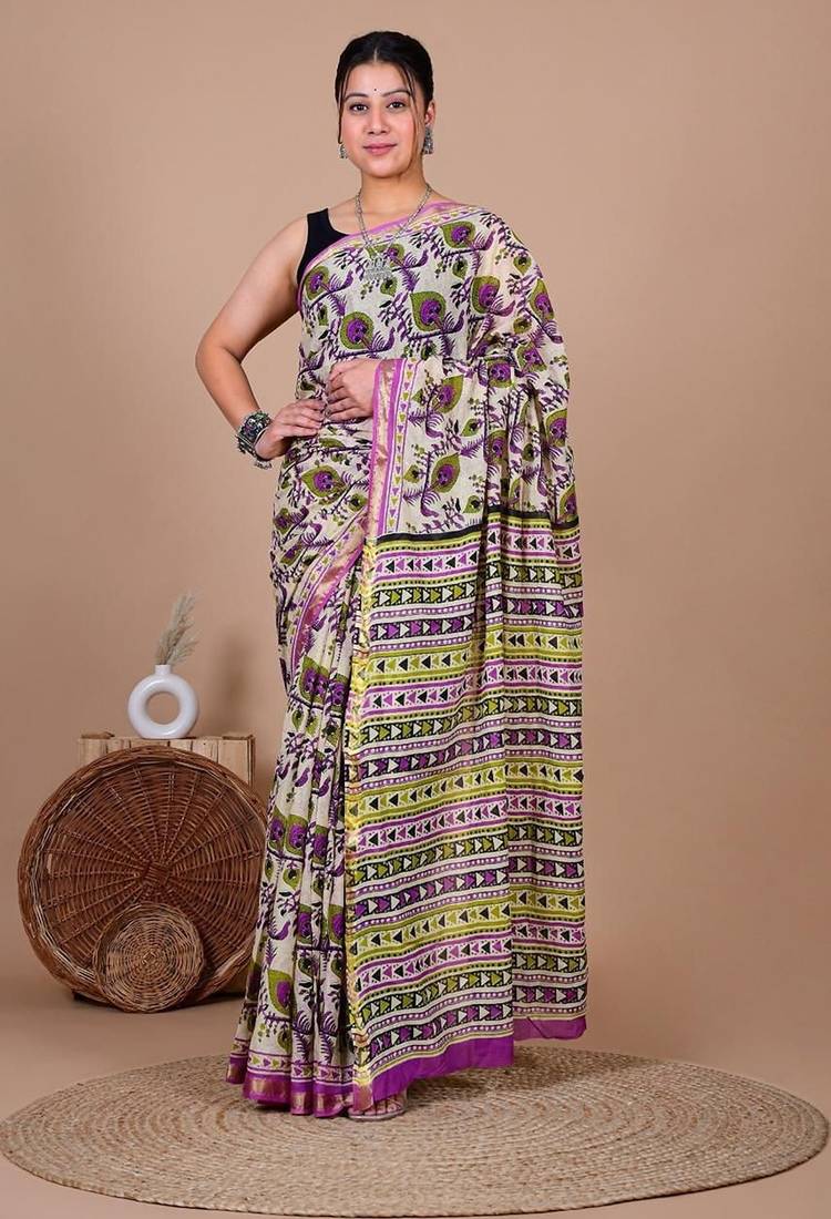 Purple block print cotton zari sarees with running blouse