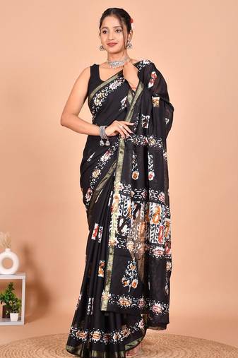 Black block print cotton zari sarees with running blouse