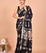 Black block print cotton zari sarees with running blouse