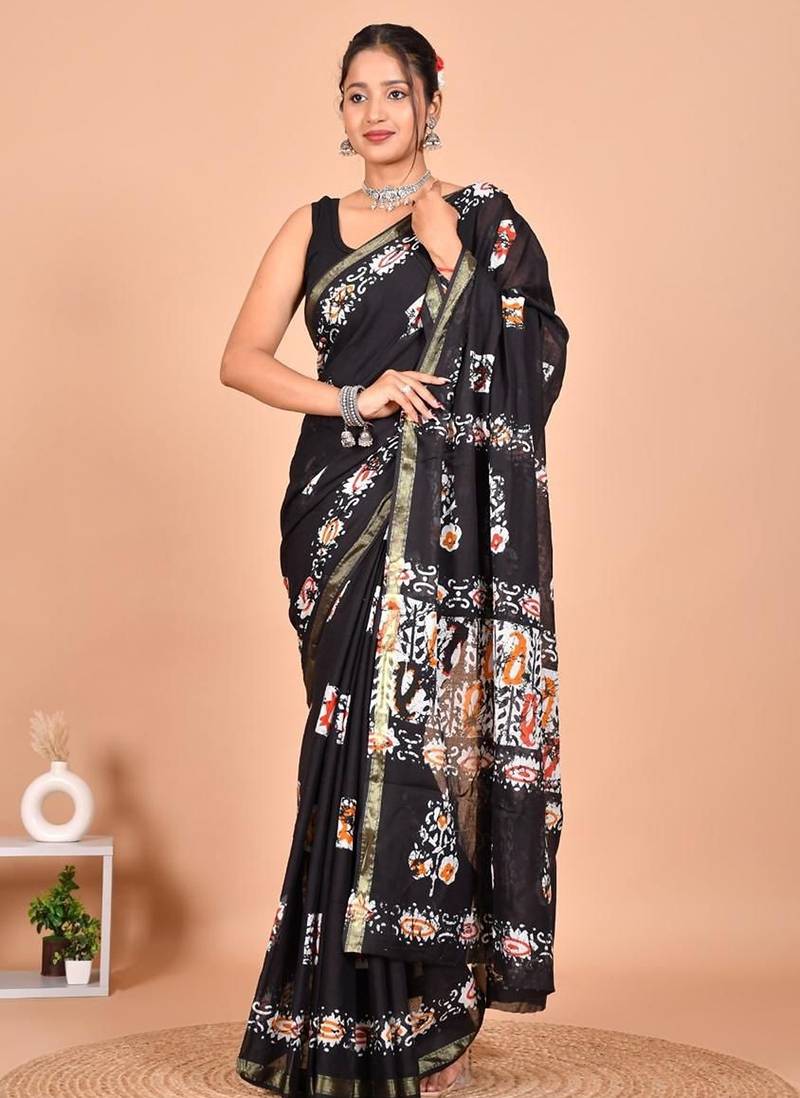 Black block print cotton zari sarees with running blouse