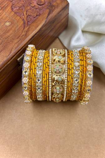 Designer yellow silk thread bangles set