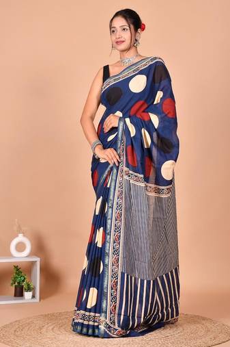 Blue block print cotton zari sarees with running blouse