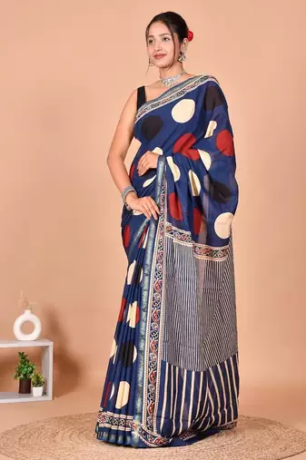 Blue block print cotton zari sarees with running blouse