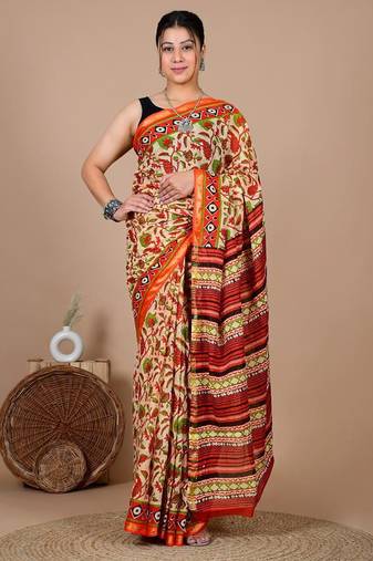 Orange block print cotton zari sarees with running blouse