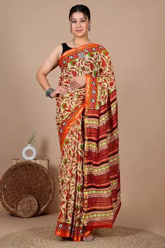 Orange block print cotton zari sarees with running blouse