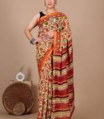 Orange block print cotton zari sarees with running blouse