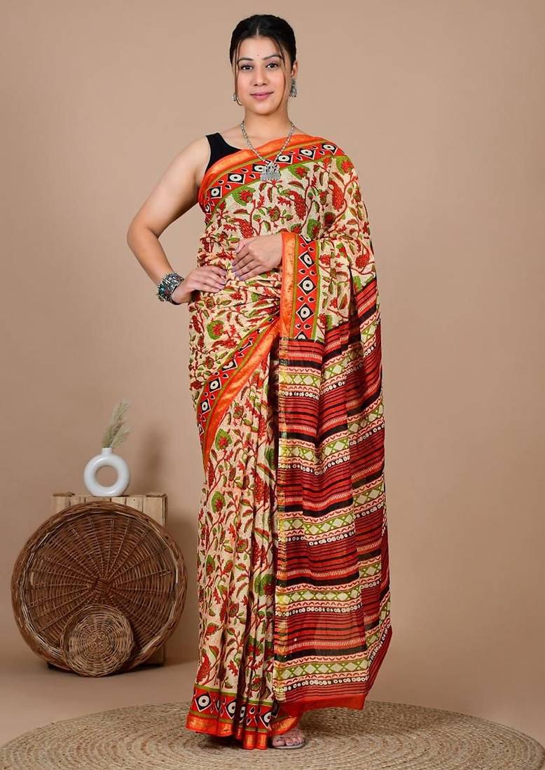 Orange block print cotton zari sarees with running blouse