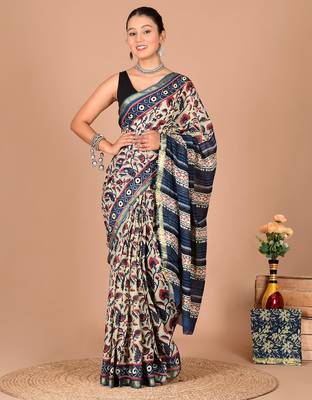 Multicolor block print cotton zari sarees with running blouse 1