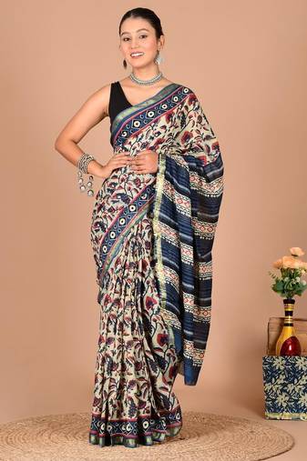 Multicolor block print cotton zari sarees with running blouse