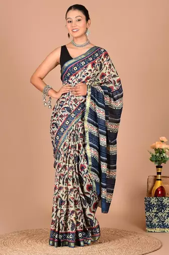 Multicolor block print cotton zari sarees with running blouse