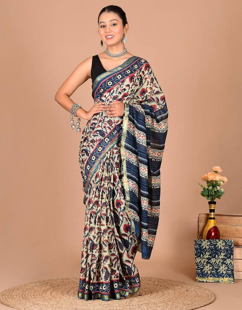 Multicolor block print cotton zari sarees with running blouse
