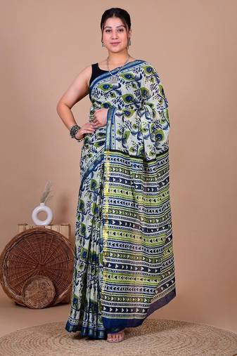 Blue block print cotton zari sarees with running blouse