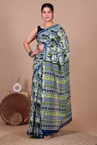 Blue block print cotton zari sarees with running blouse