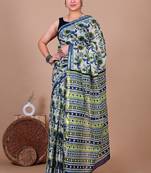 Blue block print cotton zari sarees with running blouse