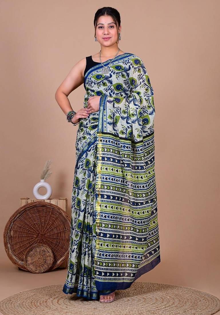 Blue block print cotton zari sarees with running blouse