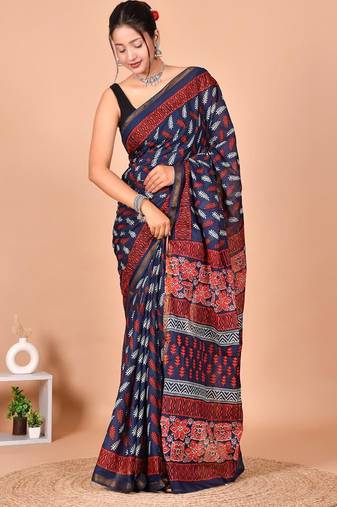 Navy blue block print cotton zari sarees with running blouse