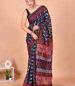 Navy blue block print cotton zari sarees with running blouse