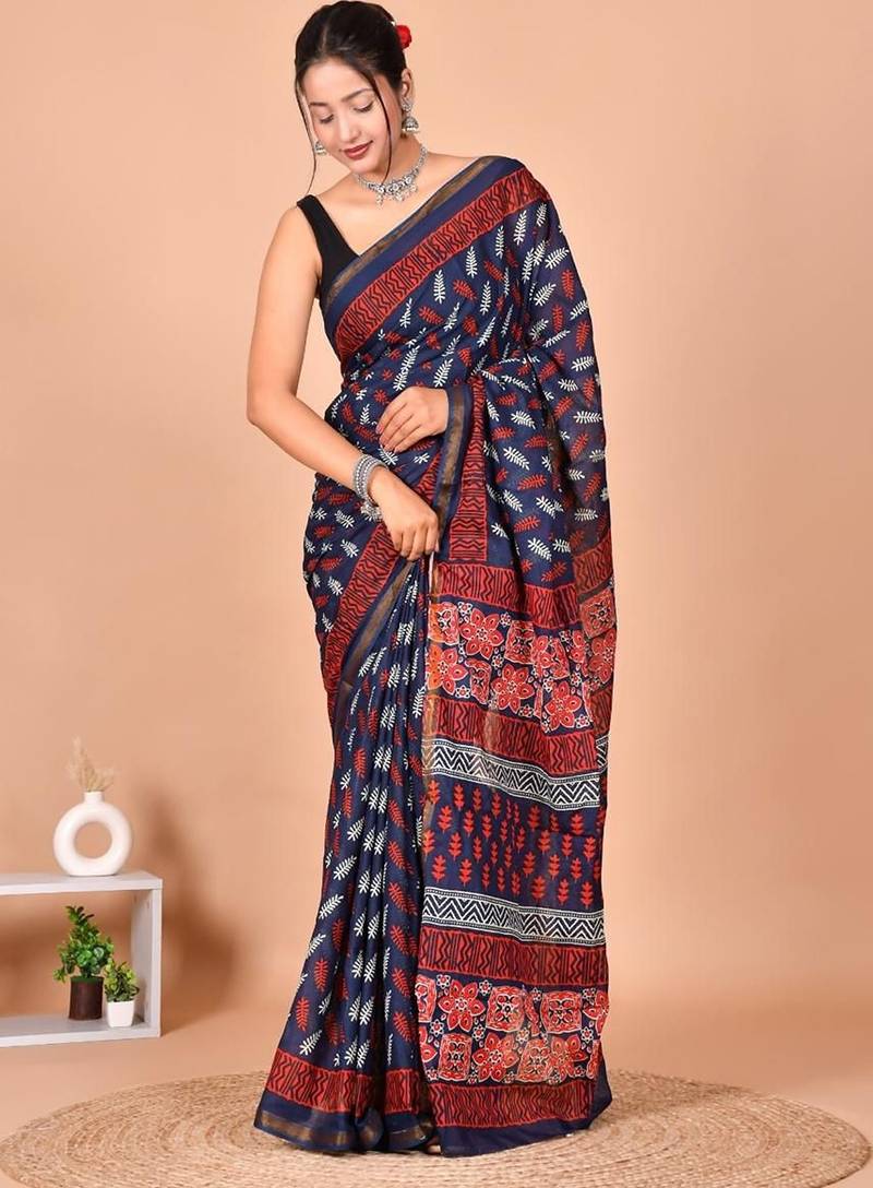 Navy blue block print cotton zari sarees with running blouse