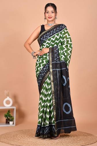 Green block print cotton zari sarees with running blouse