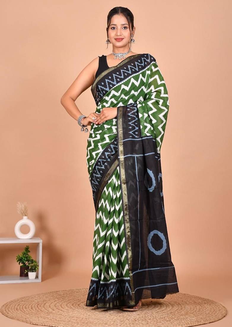 Green block print cotton zari sarees with running blouse