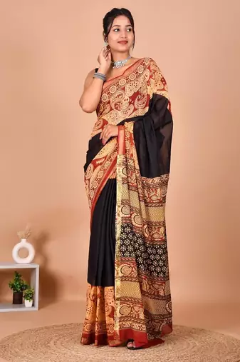 Black block print cotton zari sarees with running blouse