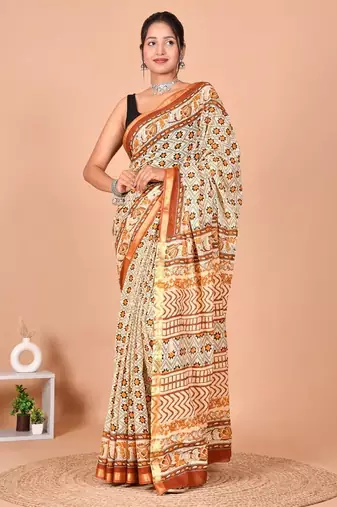 Beige block print cotton zari sarees with running blouse