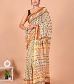 Beige block print cotton zari sarees with running blouse