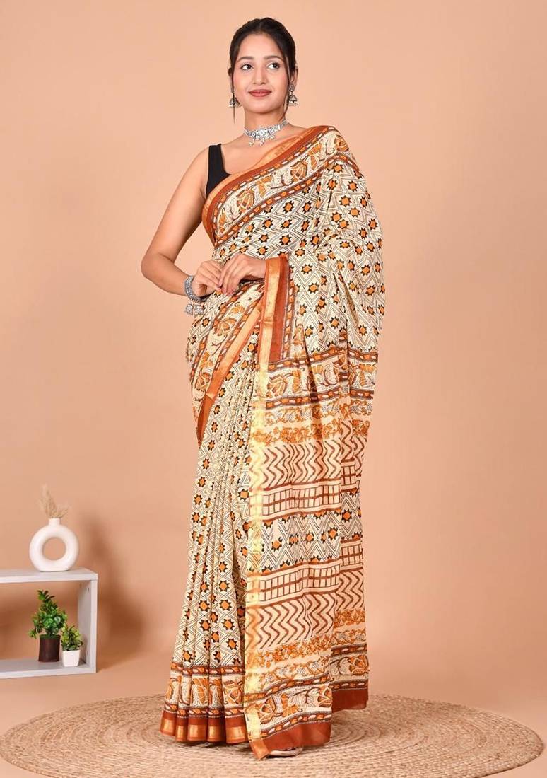 Beige block print cotton zari sarees with running blouse