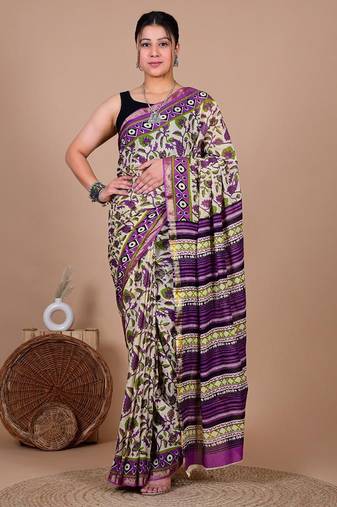 Violet block print cotton zari sarees with running blouse