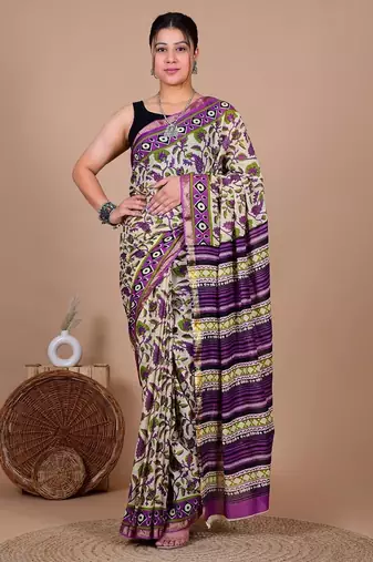 Violet block print cotton zari sarees with running blouse