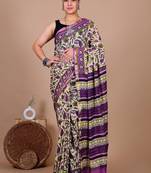 Violet block print cotton zari sarees with running blouse