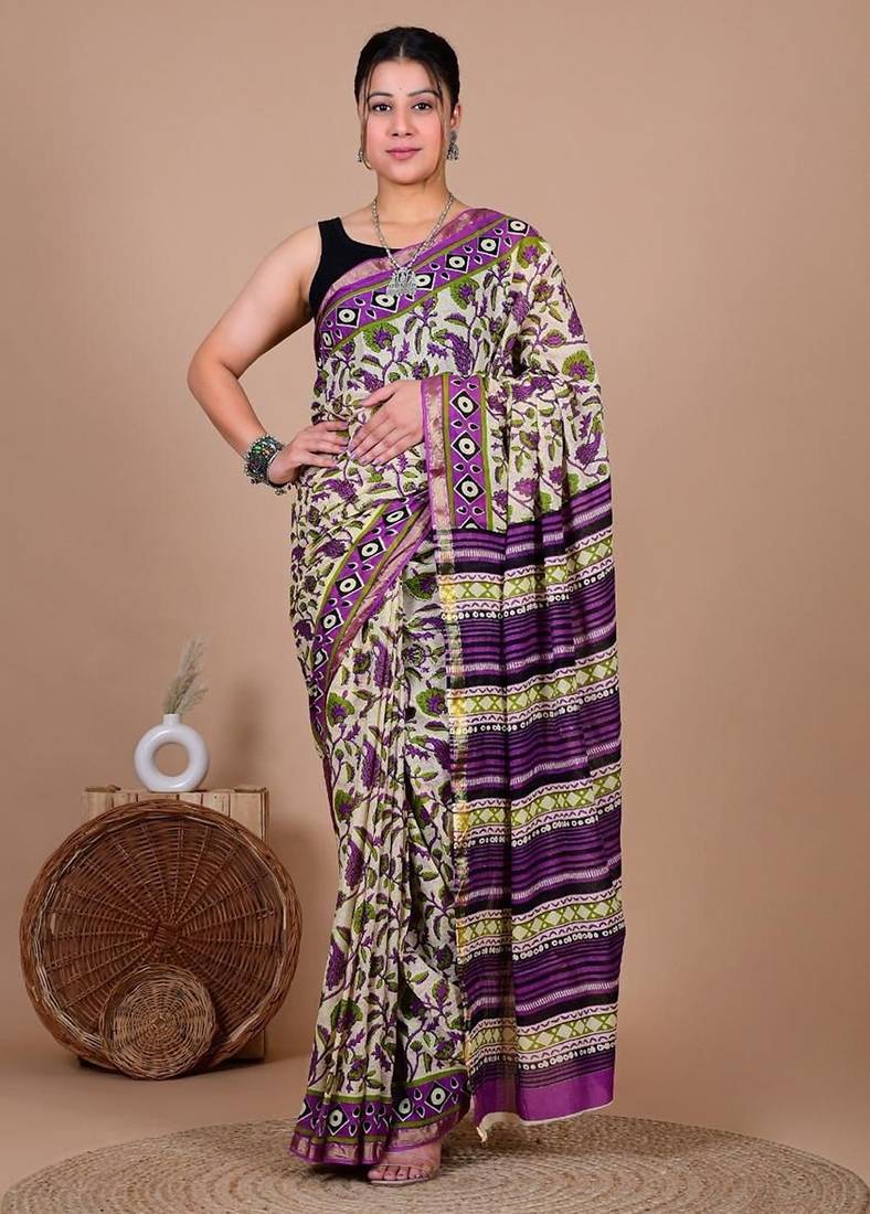 Violet block print cotton zari sarees with running blouse