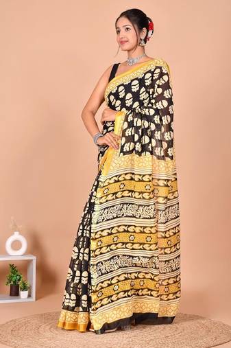 Black block print cotton zari sarees with running blouse