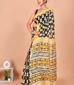 Black block print cotton zari sarees with running blouse