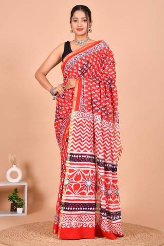 Red block print cotton zari sarees with running blouse