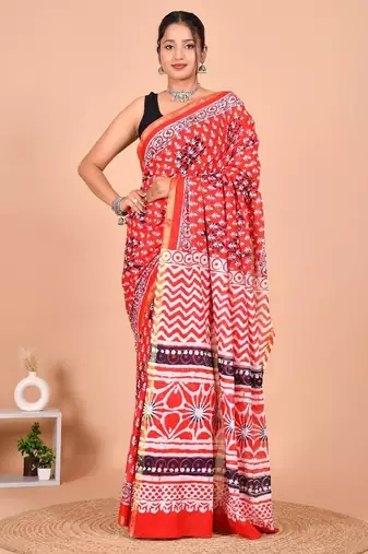 Red block print cotton zari sarees with running blouse