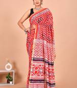 Red block print cotton zari sarees with running blouse