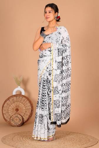 White block print cotton zari sarees with running blouse