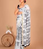 White block print cotton zari sarees with running blouse
