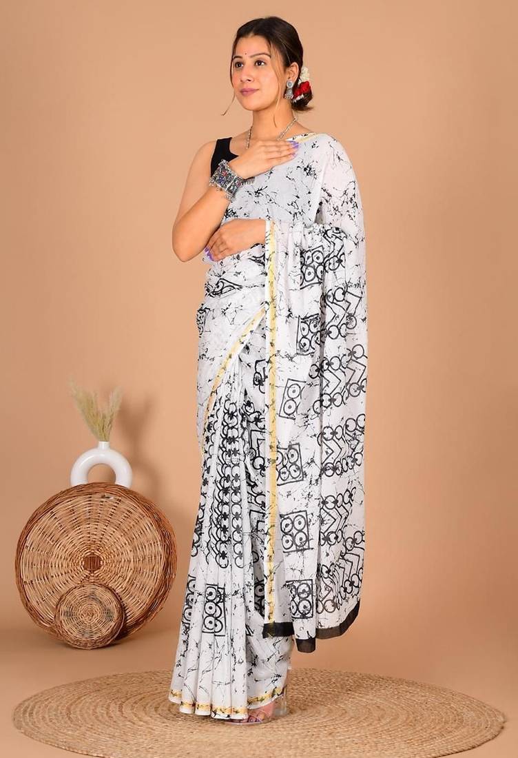 White block print cotton zari sarees with running blouse