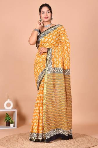 Yellow block print cotton zari sarees with running blouse